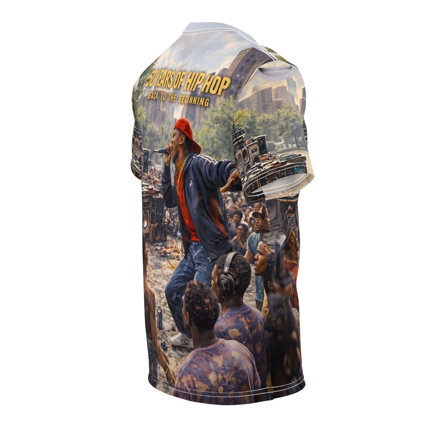 "Back to the Beginning" Hip Hop Anniversary All-Over Print Tee - Unisex Cut & Sew Tee (AOP)