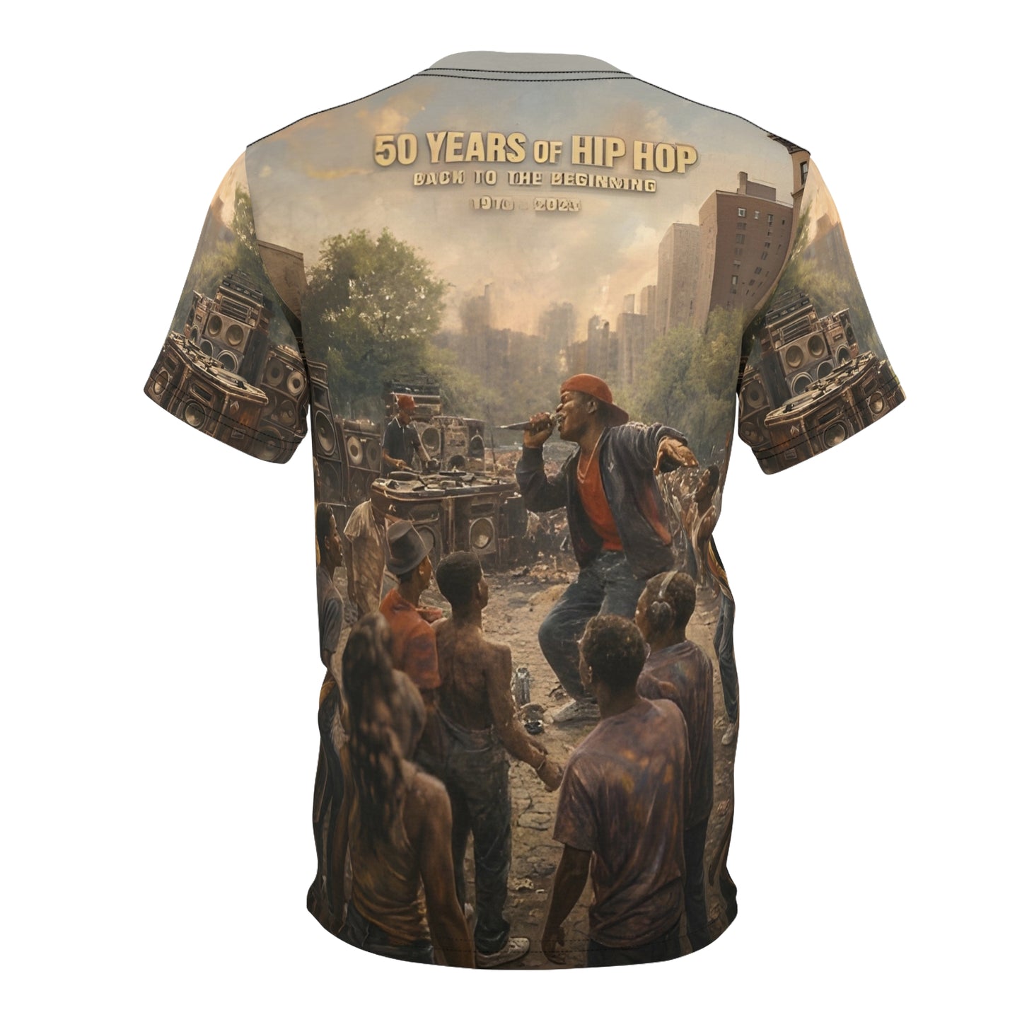 50 Years of Hip Hop All-Over Print T-Shirt – Back to the Beginning Graphic Tee - Unisex Cut & Sew Tee (AOP)