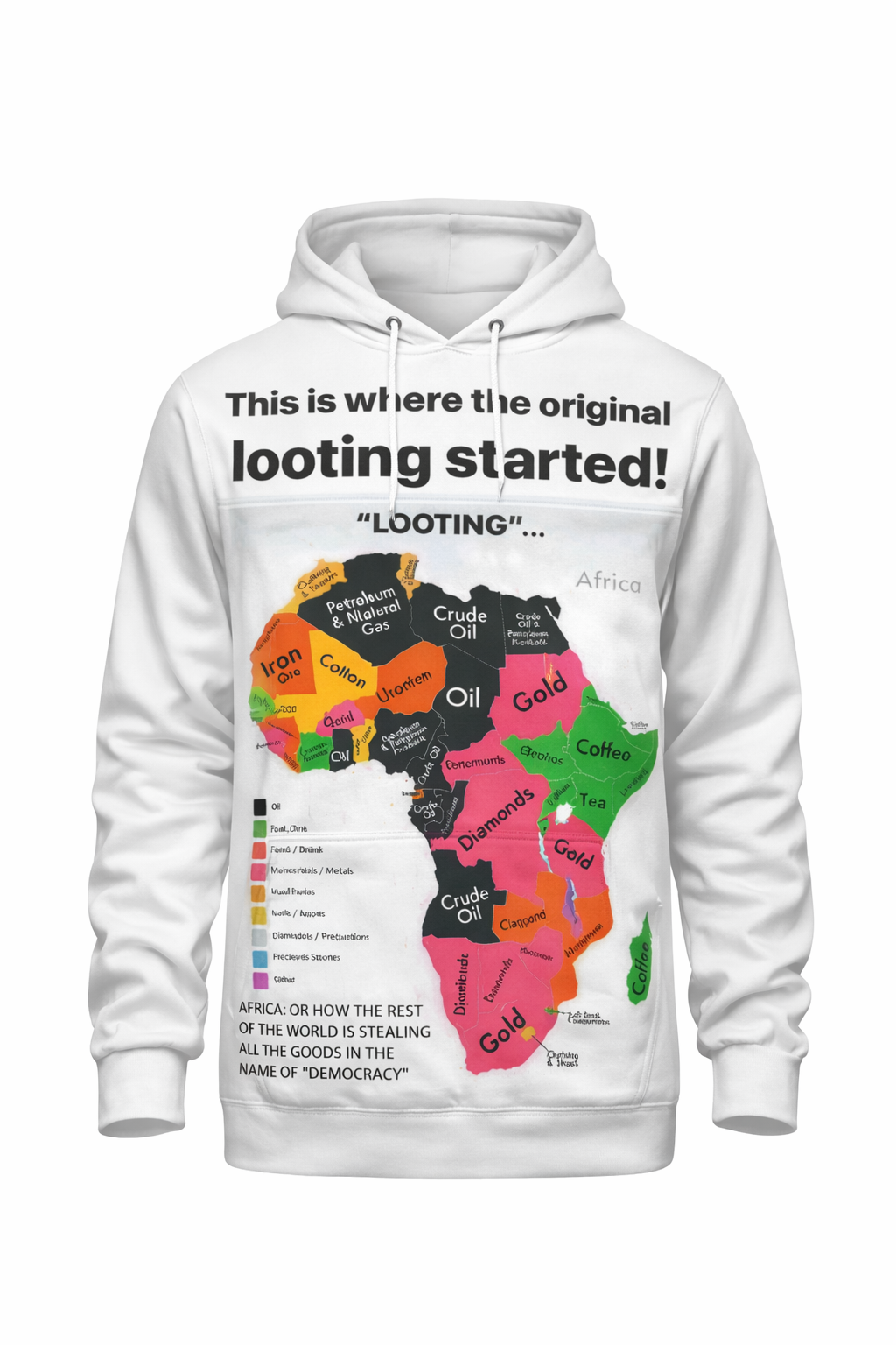 "Original Looting" Africa Resources Map™ All-Over Sublimation Hoodie – Black History Collection front view