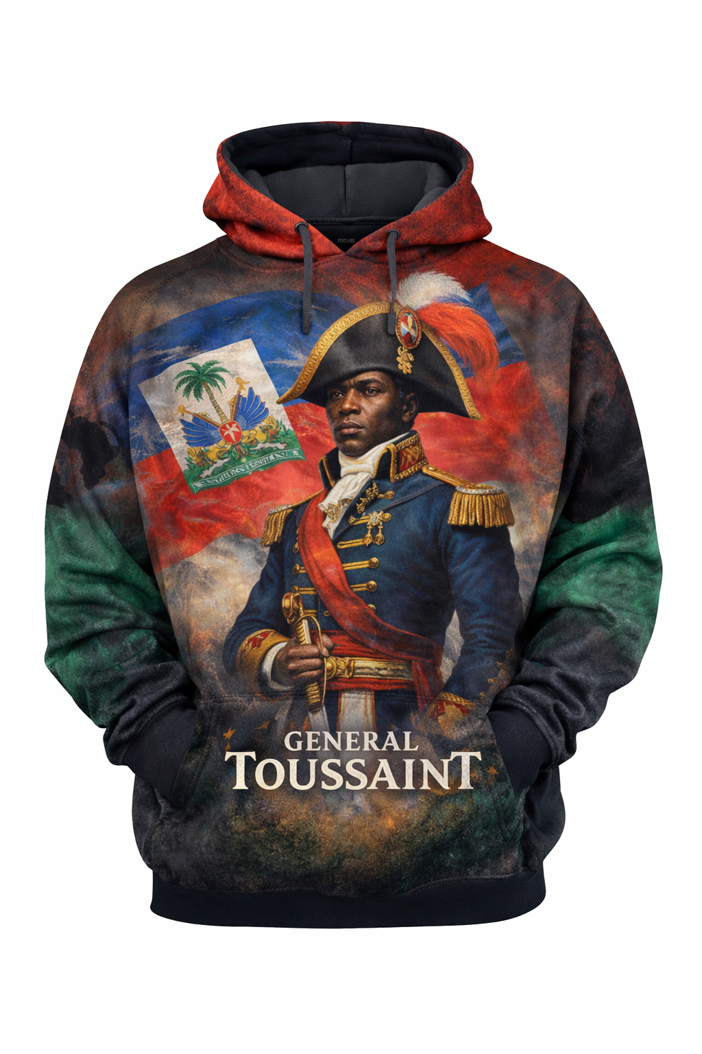 General Toussaint Louverture Haitian Revolution™ All-Over Sublimation Hoodie – Black History Collection front view