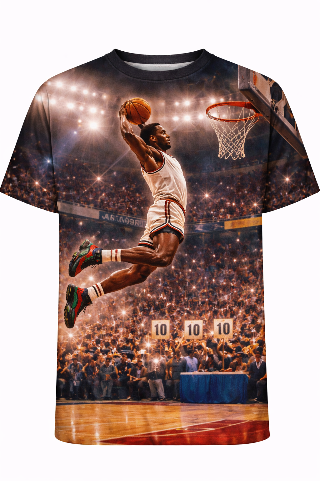 "Perfect 10" Slam Dunk Streetwear Tee – Cinematic Above-the-Rim Basketball Graphic Shirt front view