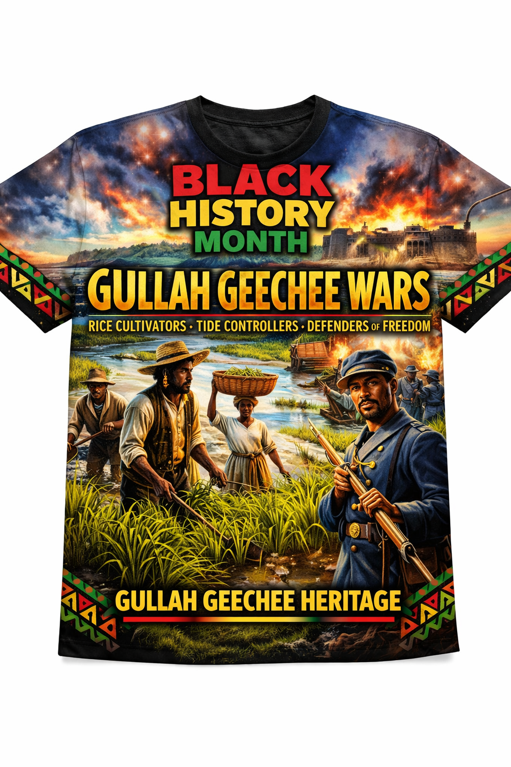 Gullah Geechee Wars™ All-Over Sublimation T-Shirt – Black History Collection front view