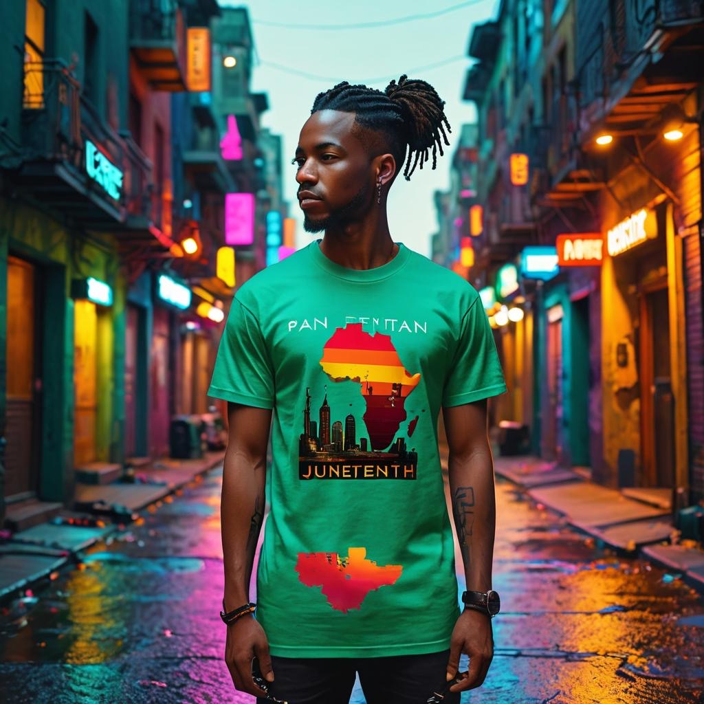 Front view of Celebrate Freedom Juneteenth Commemorative T-Shirt worn by model – Black Owned brand, soft cotton tee in green colors with Juneteenth flag accents.
