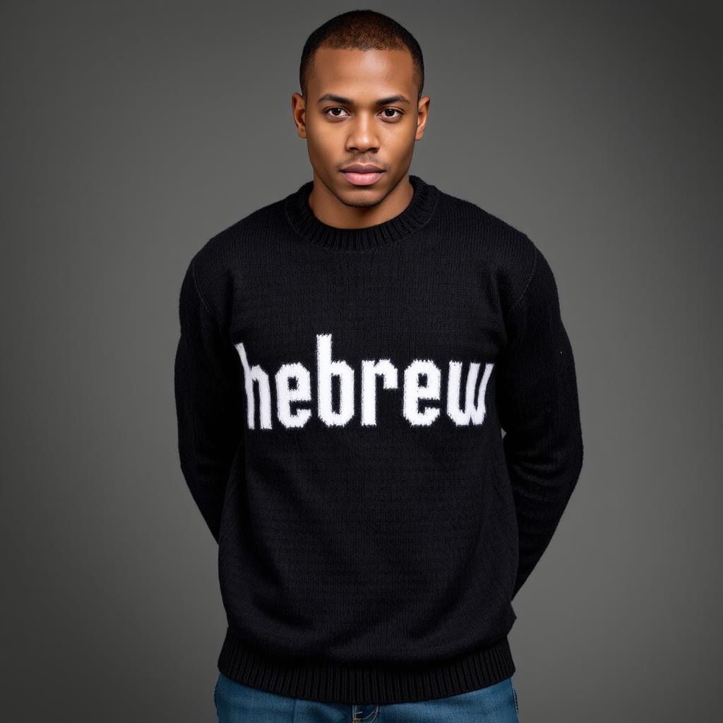 A man wearing a black Hebrew wool knitting hoodie with the text 'HEBREW' written in white on the front.