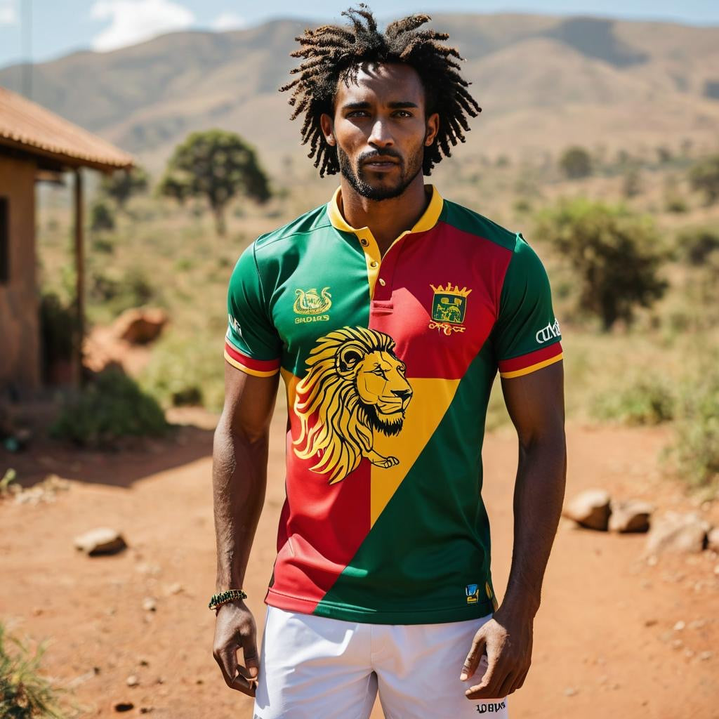 A man wearing a multicolored t-shirt with a lion graphic design, standing in a outdoor setting with a building in the background.