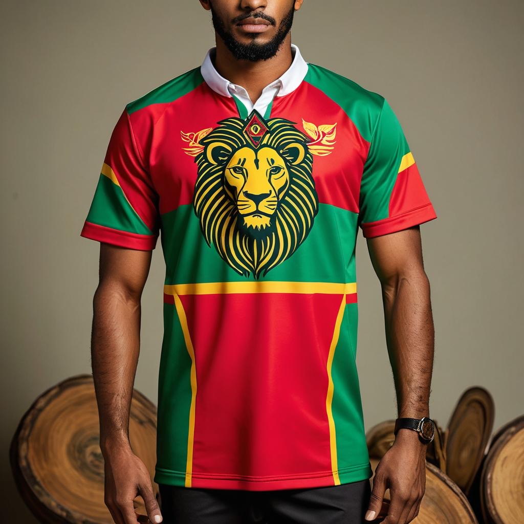 A man wearing a multicolored t-shirt with a lion graphic design, representing the Lion of Judah, in a green, red, and yellow color scheme.