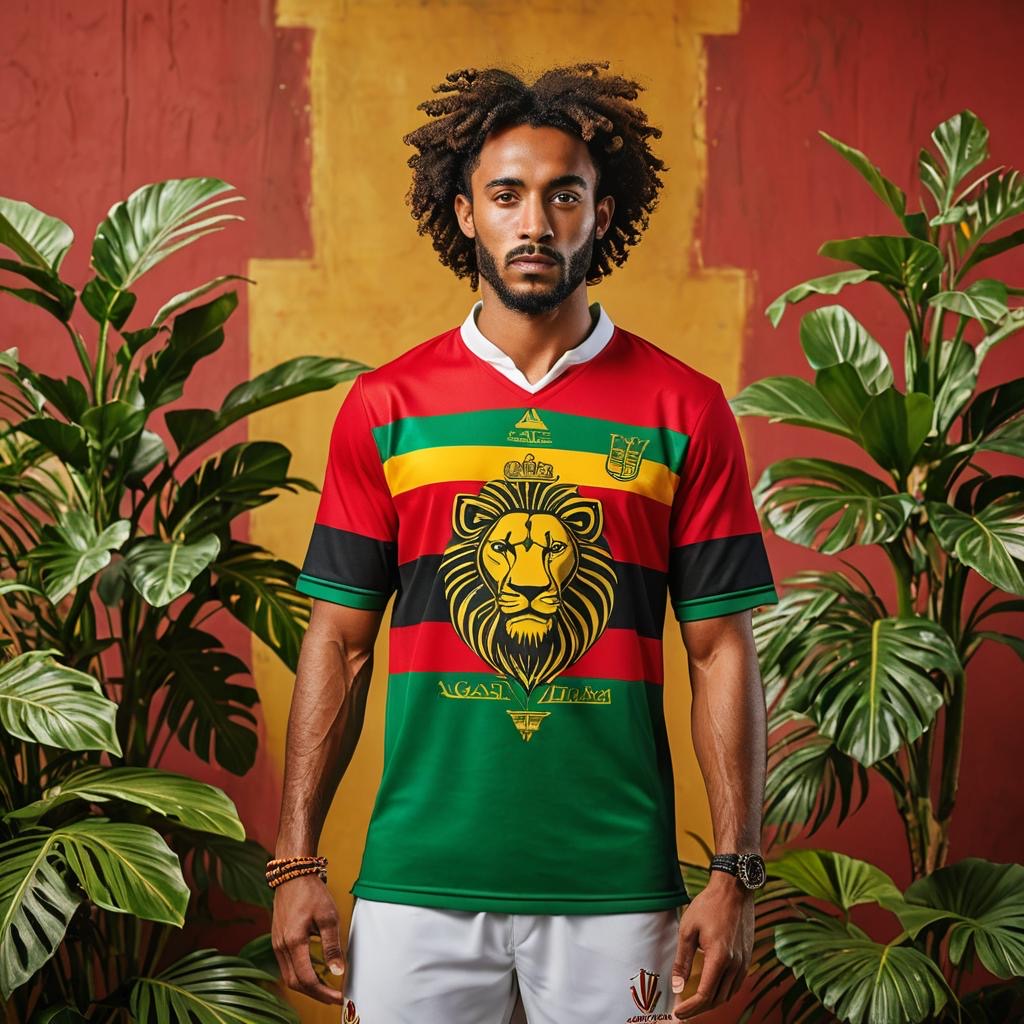 A person wearing a multicolored t-shirt with a lion graphic and the text 'Judah's Pride'. The shirt is predominantly red with green and yellow stripes, and it is displayed against a backdrop with a yellow wall and green plants.