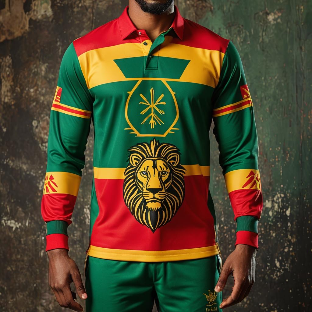 A person wearing a long-sleeved T-shirt with a geometric pattern featuring a lion, predominantly in red, green, and yellow colors, and a collar.