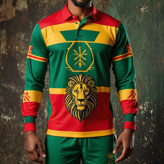 A person wearing a long-sleeved T-shirt with a geometric pattern featuring a lion, predominantly in red, green, and yellow colors, and a collar.