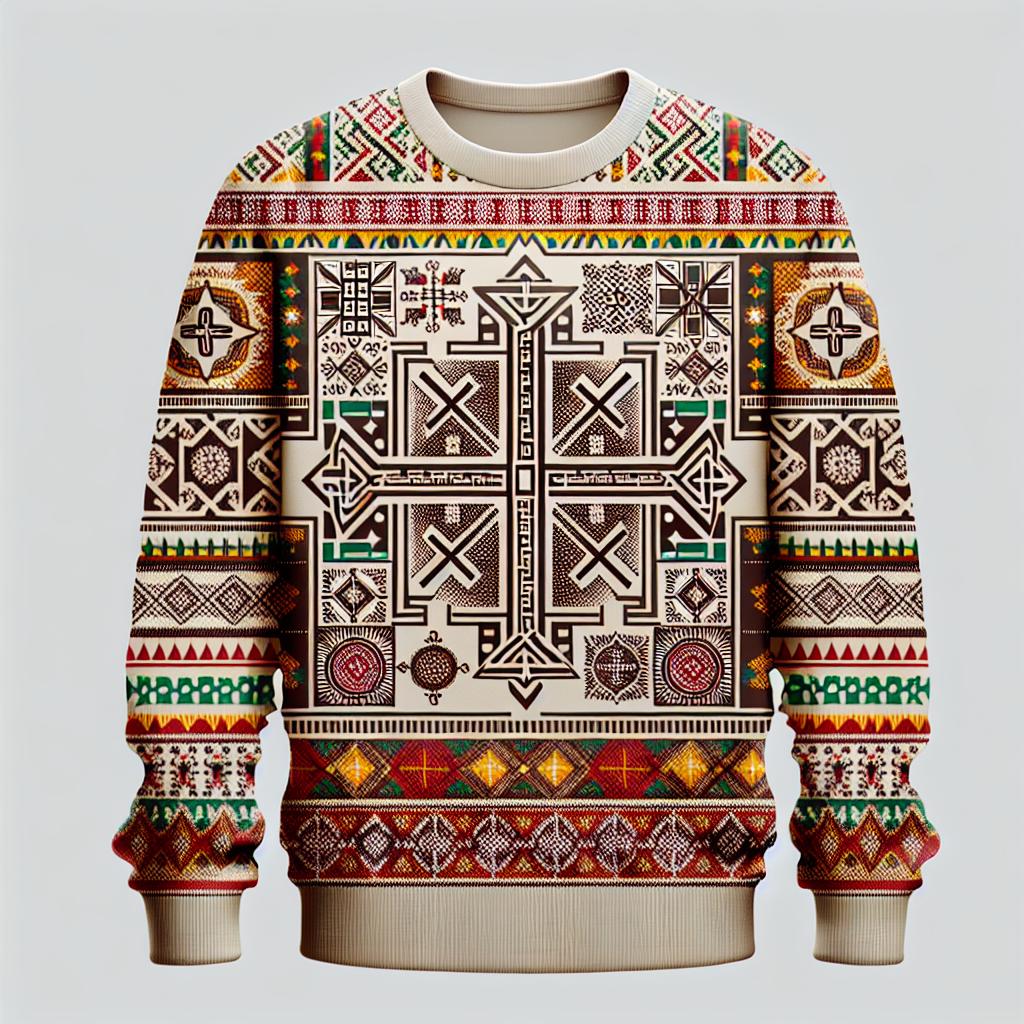 A hoodie featuring a geometric pattern with African-inspired designs in a range of colors including beige, brown, and brightly colored patterns.