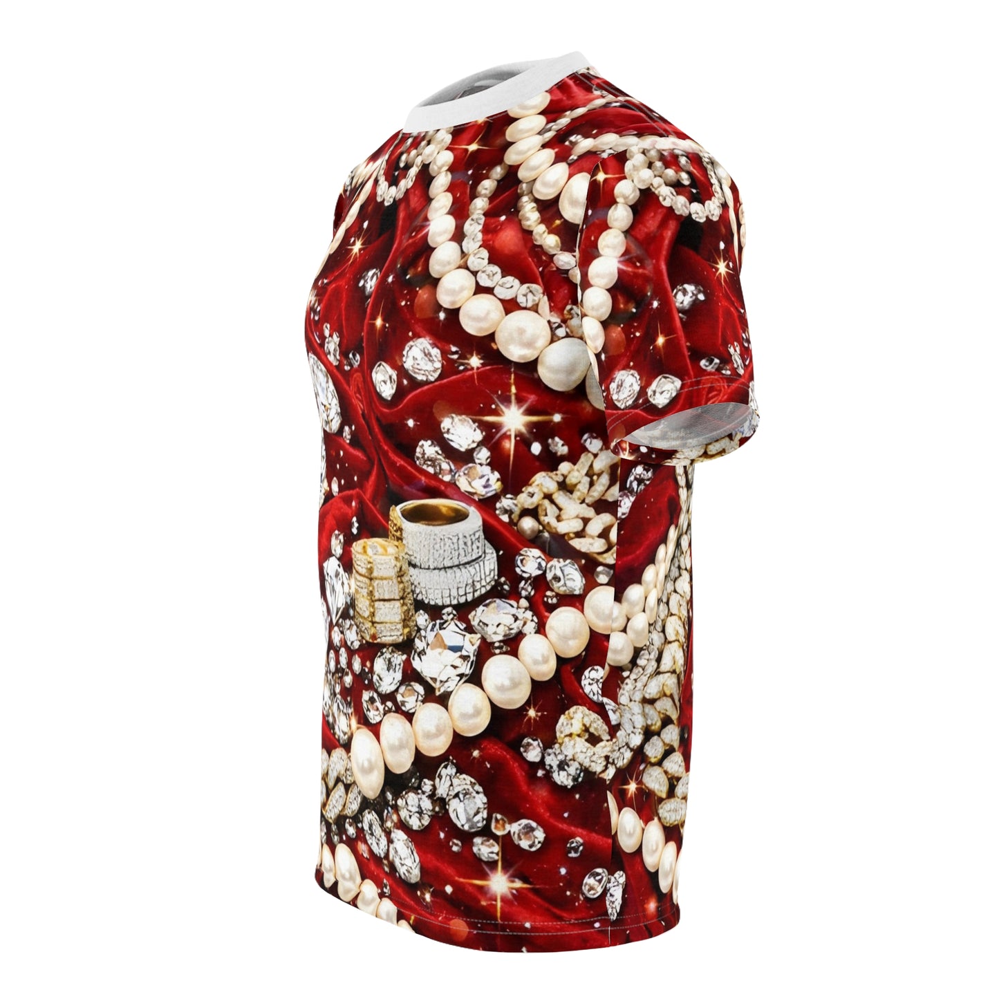 Red velvet diamond glitter all over print unisex t-shirt side view
