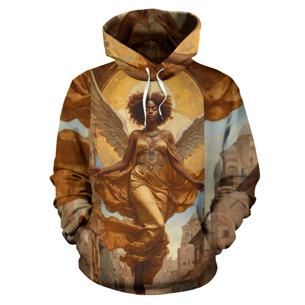A hoodie with an artistic print of an angel on the front, featuring a woman with wings, in a brown and white color scheme.
