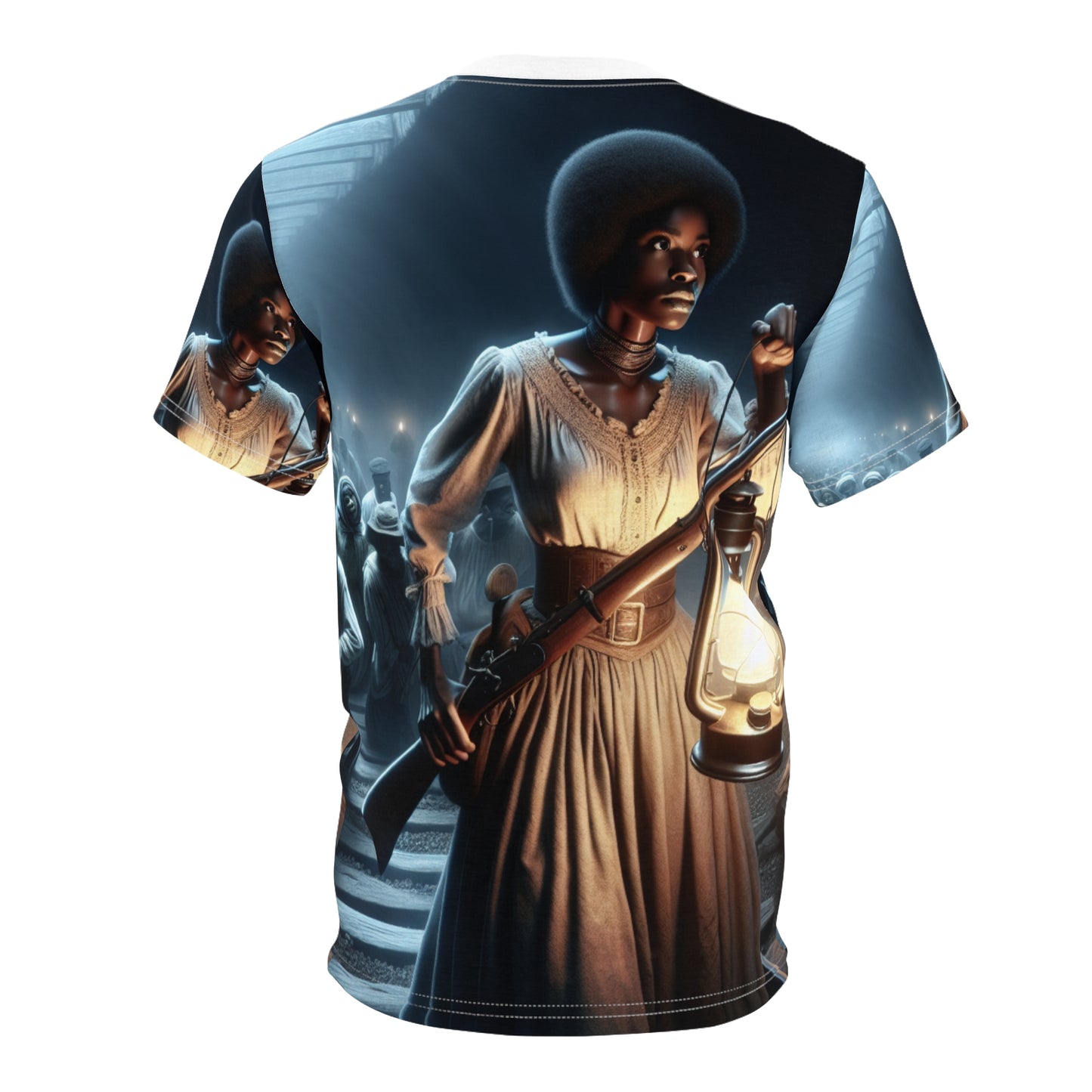 A unisex t-shirt with an all-over print featuring a character in a historical or fantasy setting, wearing a dress and holding a lantern. Back-View
