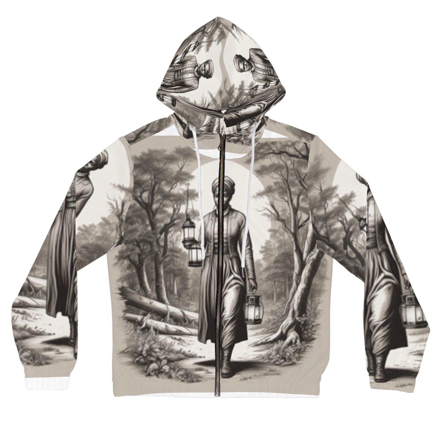 A women's full-zip hoodie with an all-over print featuring figures in a forest setting, with a hood and drawstrings.
