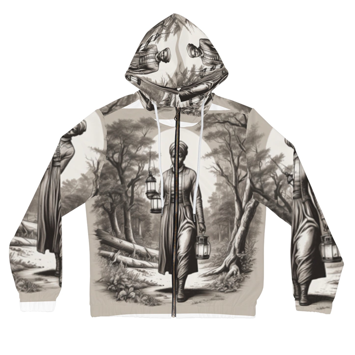 A women's full-zip hoodie with an all-over print featuring figures in a forest setting, with a hood and drawstrings.