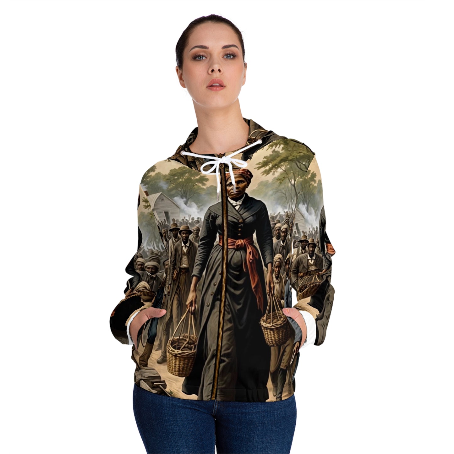 A woman wearing a full-zip hoodie with an all-over print design featuring historical figures and scenes.