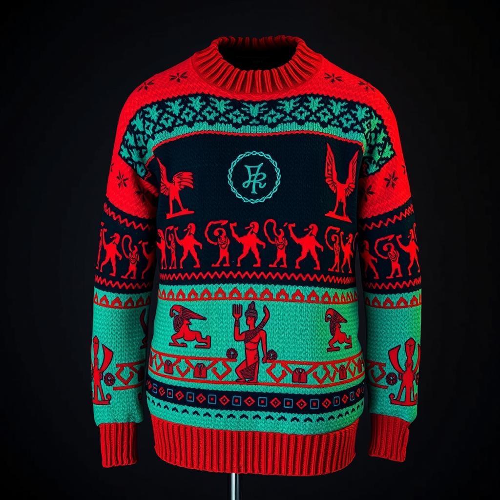 Men's crewneck sweatshirt with an all-over print featuring geometric and ethnic designs in red, green, black, and white colors.