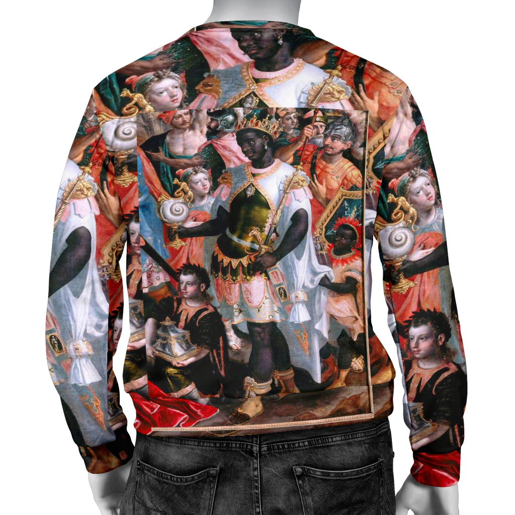 Back view of The African King and His Gift Sweater displayed on mannequin – Black Owned woven polyester sweater offering durability, comfort, and cultural pride.