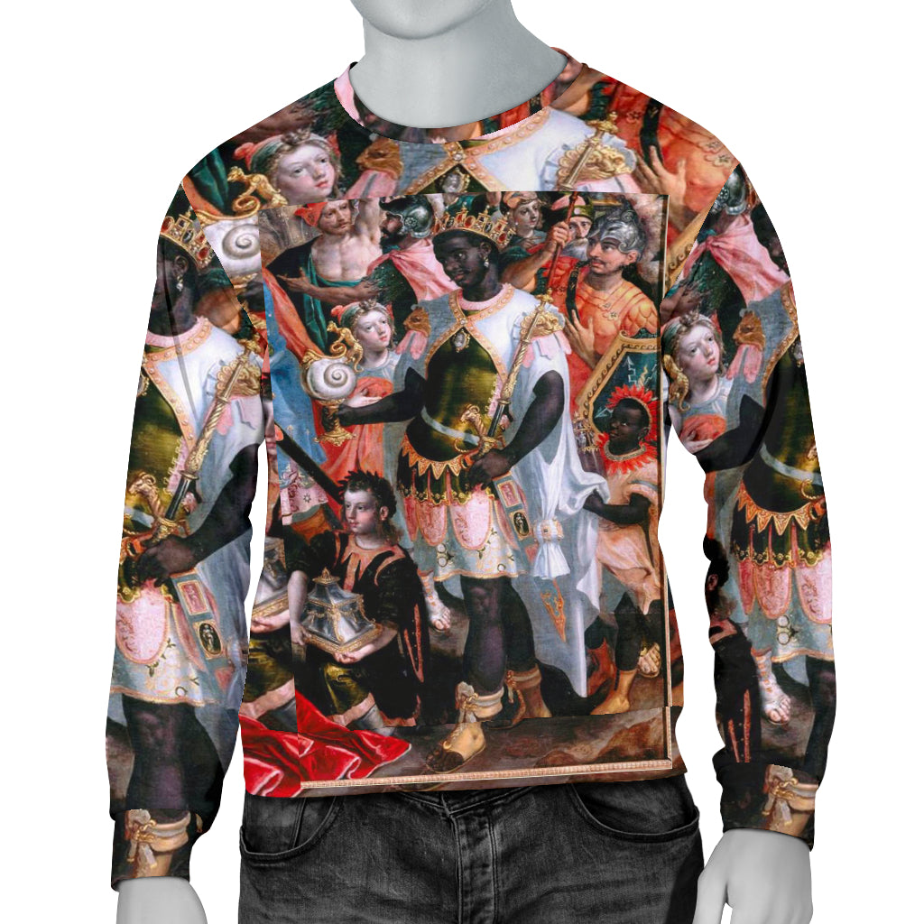 A male mannequin wearing a multicolored sweater with a historical or royal theme.The African King and His Gift Sweater