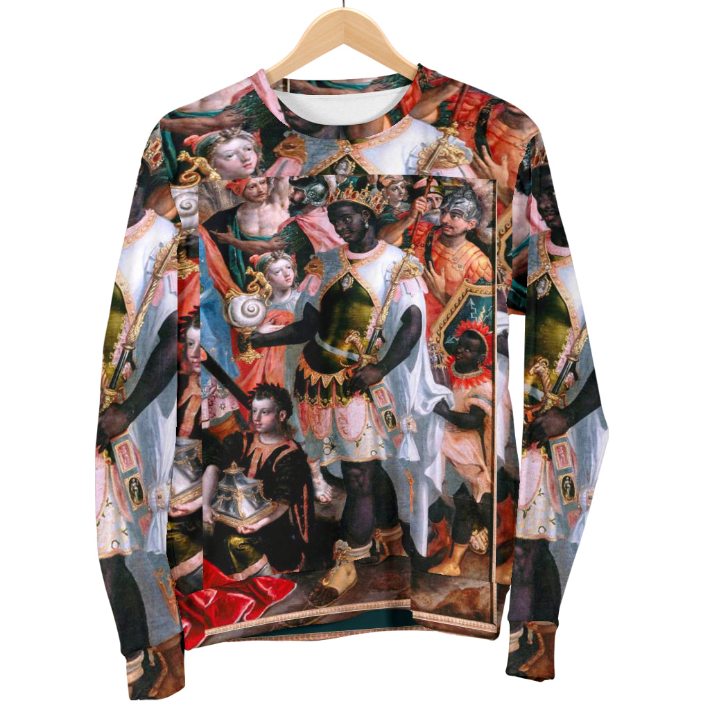 Hanging display of The African King and His Gift Sweater – Black Owned custom sweater made from woven polyester, designed for cultural expression and daily wear.