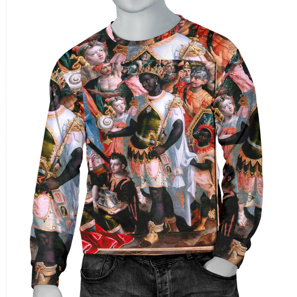 Mannequin wearing The African King and His Gift Sweater with one hand in pocket – Black Owned handcrafted sweater symbolizing African tradition and modern street style.