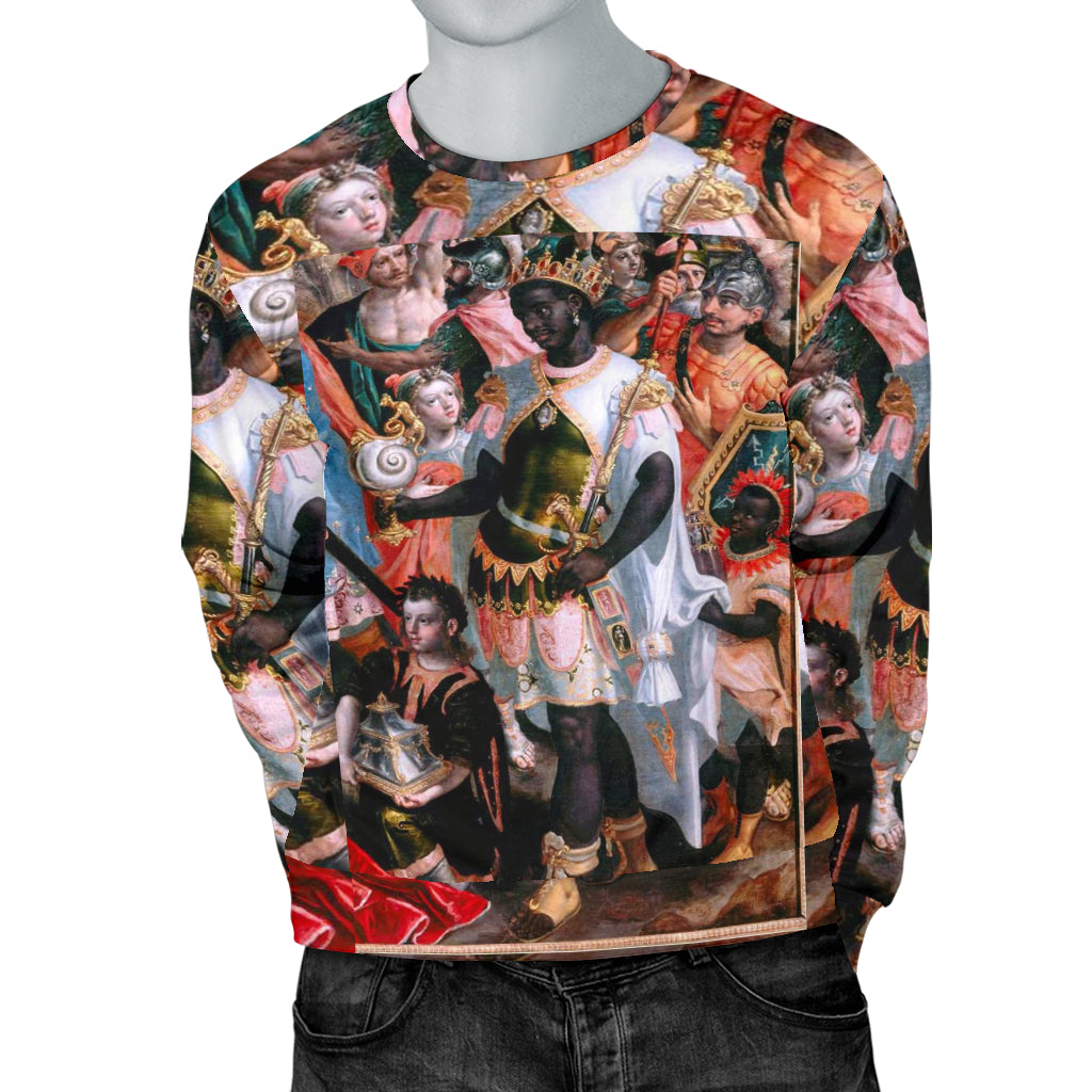 The African King and His Gift Sweater on mannequin with both hands in pockets – Black Owned premium sweater blending heritage, strength, and fashion.