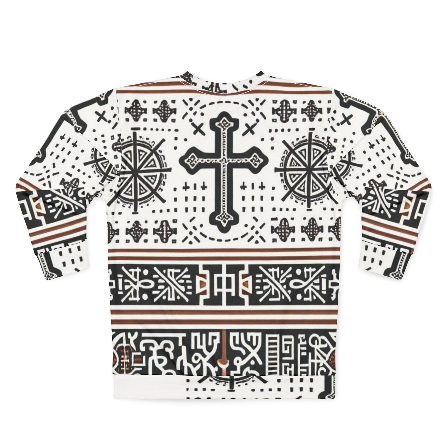 Back view of Black-Owned African Native Heritage unisex sweatshirt featuring seamless all-over print and soft fleece fabric.