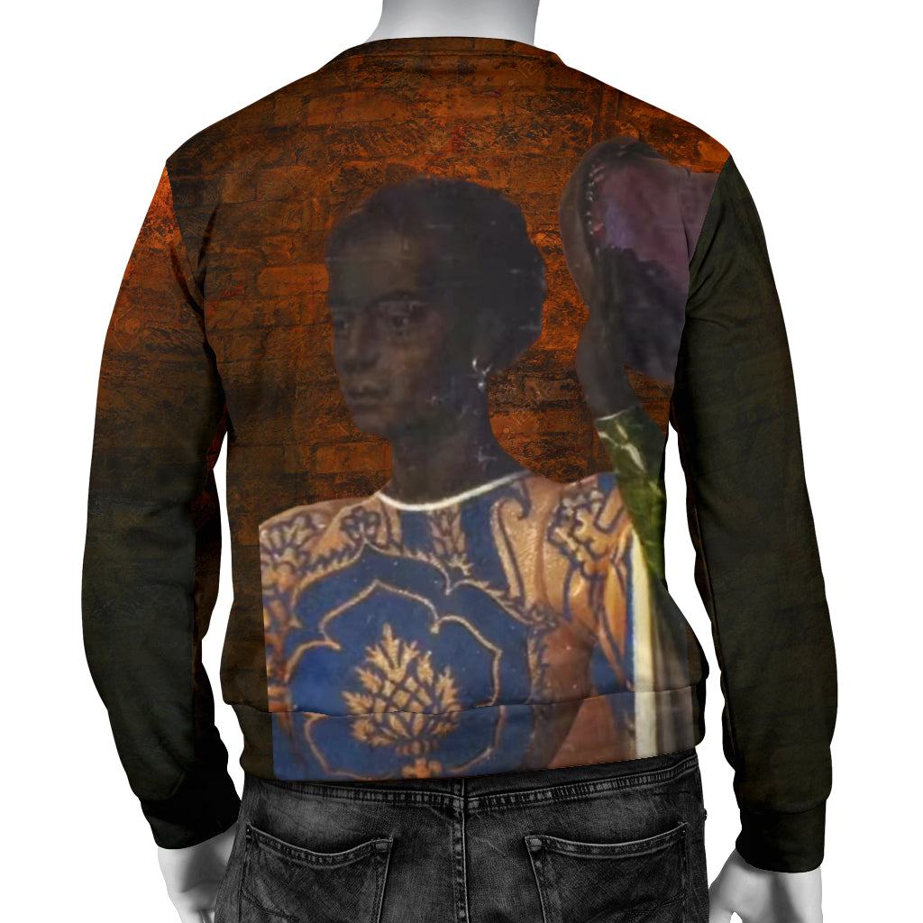 Back view of The African Woman Photo Sweater for men displayed on mannequin – Black Owned woven polyester sweater designed for durability and cultural pride.
