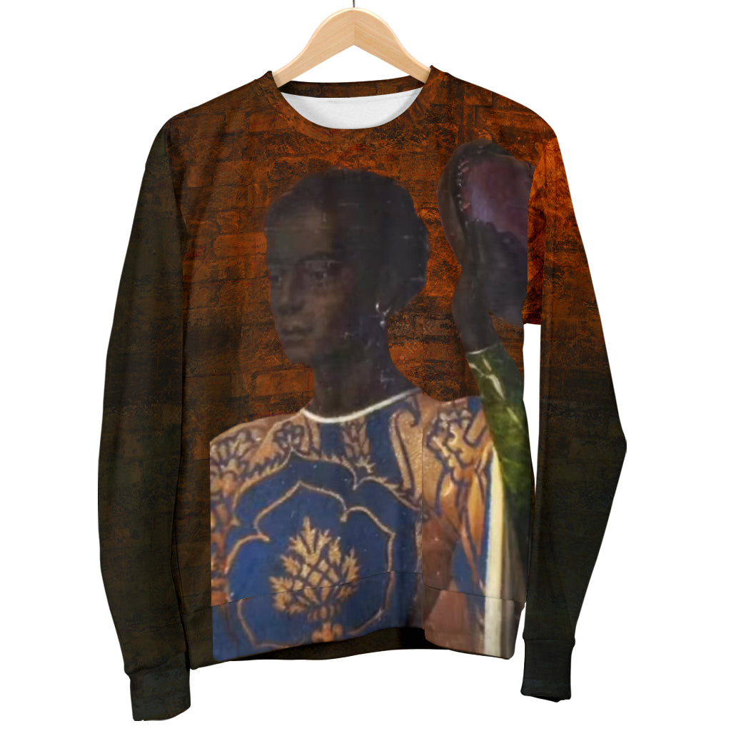 Hanging display of The African Woman Photo Sweater for men – Black Owned custom sweater made from premium woven polyester, designed to celebrate heritage and identity.