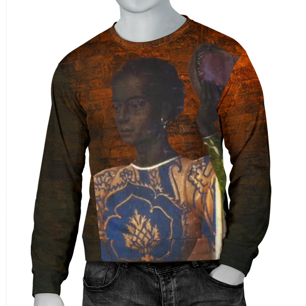Mannequin wearing The African Woman Photo Sweater for men with one hand in pocket – Black Owned premium sweater honoring African heritage with modern comfort and style.