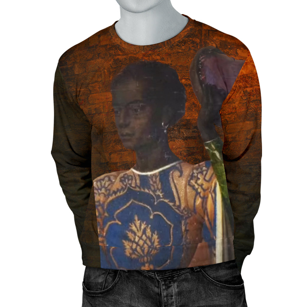 The African Woman Photo Sweater for men on mannequin with both hands in pockets – Black Owned handcrafted woven polyester sweater blending cultural expression and bold streetwear fashion.