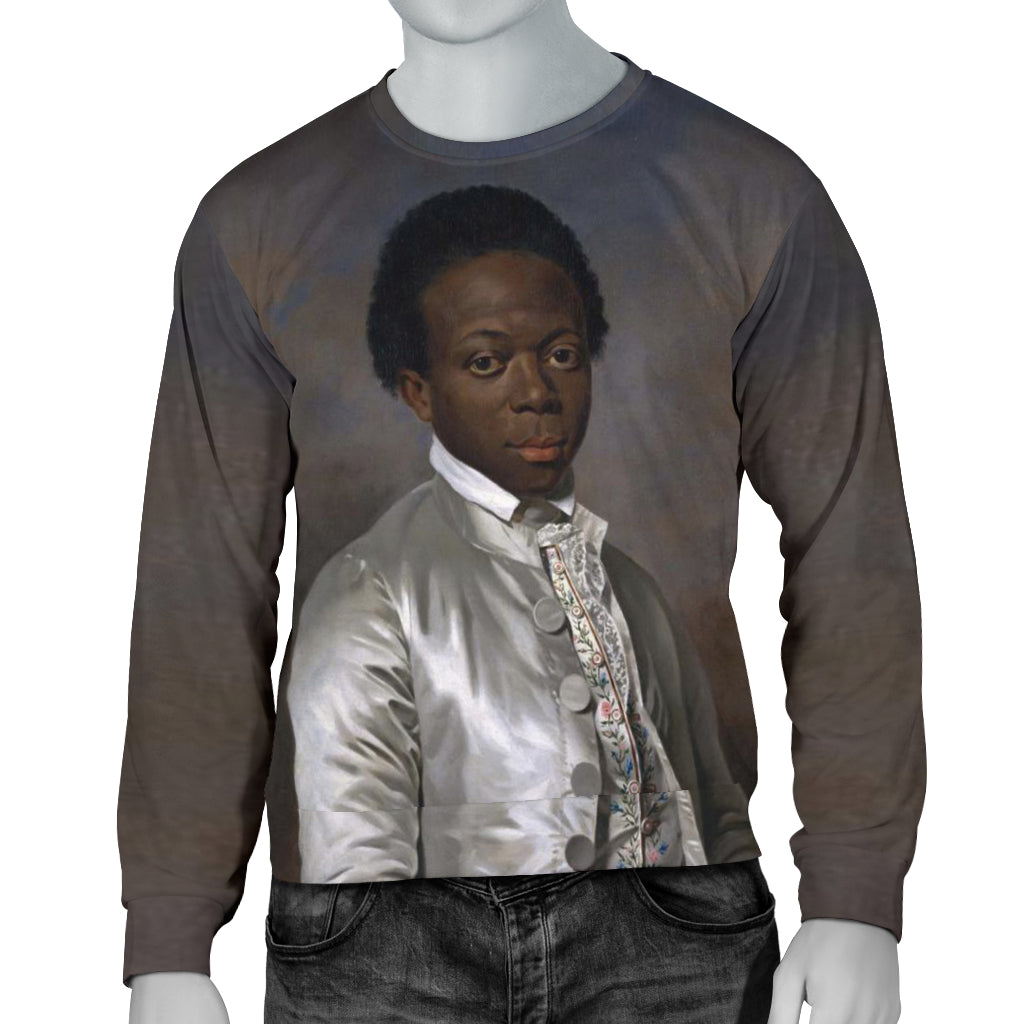 A mannequin displaying a long-sleeved sweater with a printed image of an African youth on the front.