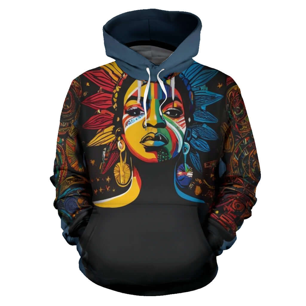 Front view of All Over Hoodie 3 – Black Owned brand, handcrafted custom hoodie made with high-quality polyester blend for premium comfort.