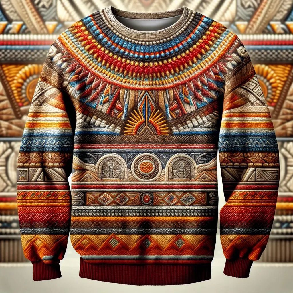 A multicolored, geometric-patterned unisex crewneck sweatshirt displayed against an ornate background.