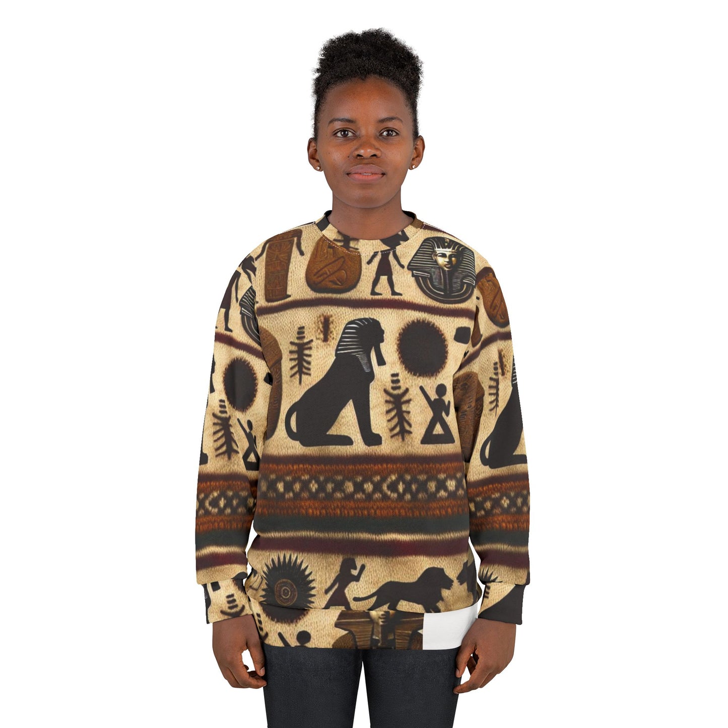 Black model wearing Our Story, Our Textiles sweatshirt – Afrocentric unisex crewneck for daily wear