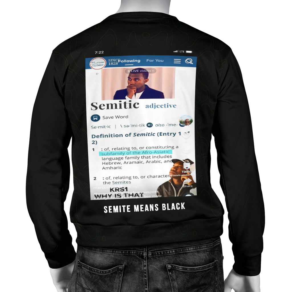 Back view of Definition of Semitic Sweater in black color displayed on mannequin – Black Owned handcrafted woven polyester sweater designed for durability and heritage pride.