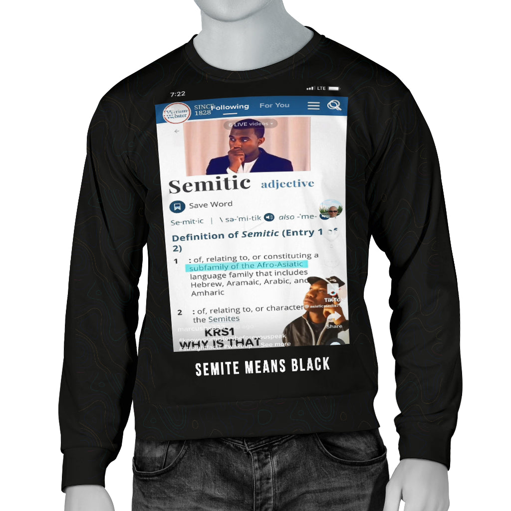 A mannequin wearing a black long-sleeve sweater with a definition of 'Semitic' and related text phrases printed on the front.