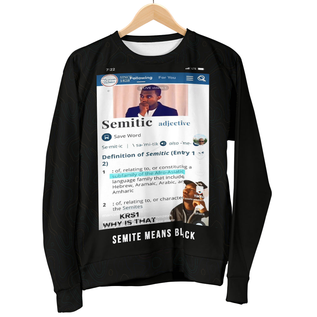 Hanging display of Definition of Semitic Sweater in black color – Black Owned handcrafted woven polyester sweater celebrating heritage and identity.