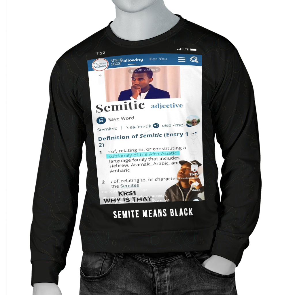 Mannequin wearing Definition of Semitic Sweater in black with one hand in pocket – Black Owned premium woven polyester sweater symbolizing culture and knowledge.