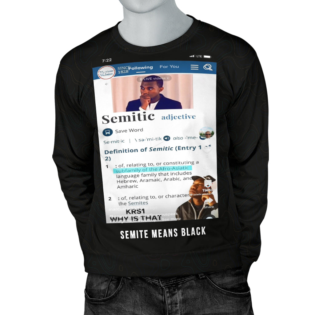 Definition of Semitic Sweater in black on mannequin with both hands in pockets – Black Owned custom sweater offering comfort and a bold cultural statement.