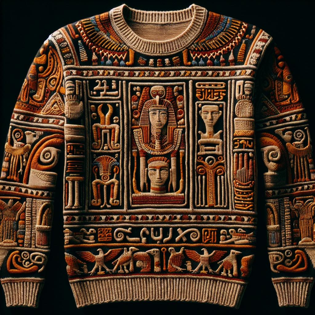 A multicolored Egyptian-inspired sweater with detailed geometric and animal patterns.