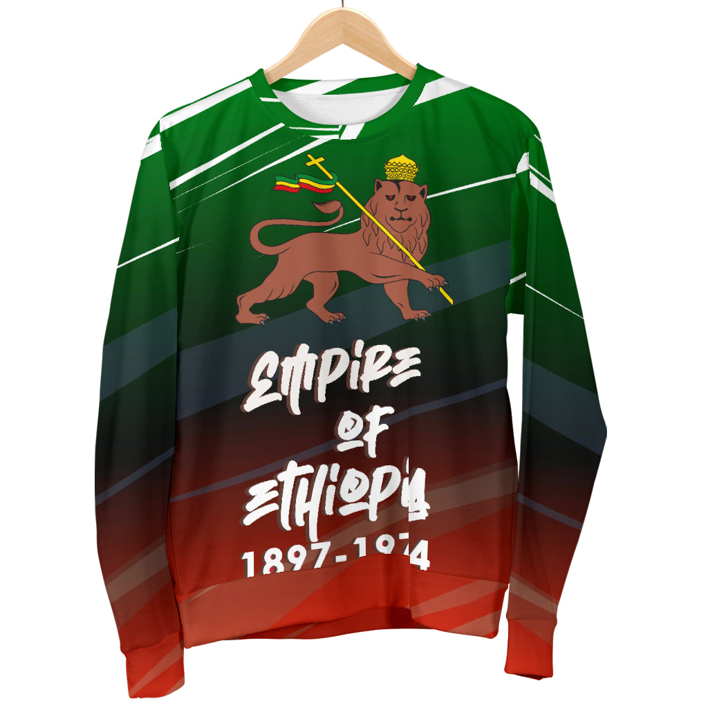 Hanging display of Empire of Ethiopia Sweater – Black Owned handcrafted sweater made from premium woven polyester with Ethiopian-inspired design.
