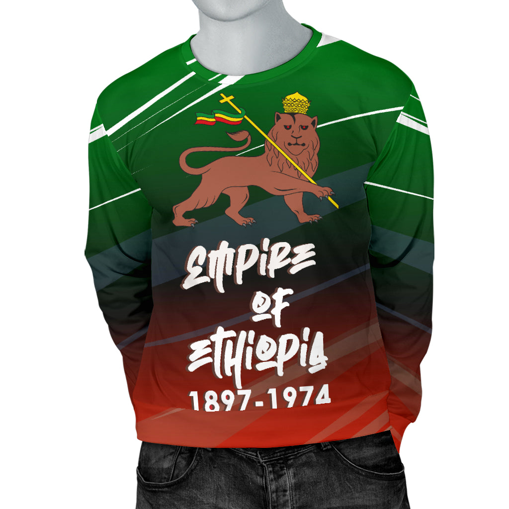 Empire of Ethiopia Sweater on mannequin with both hands in pockets – Black Owned premium woven polyester sweater blending comfort and bold cultural fashion.