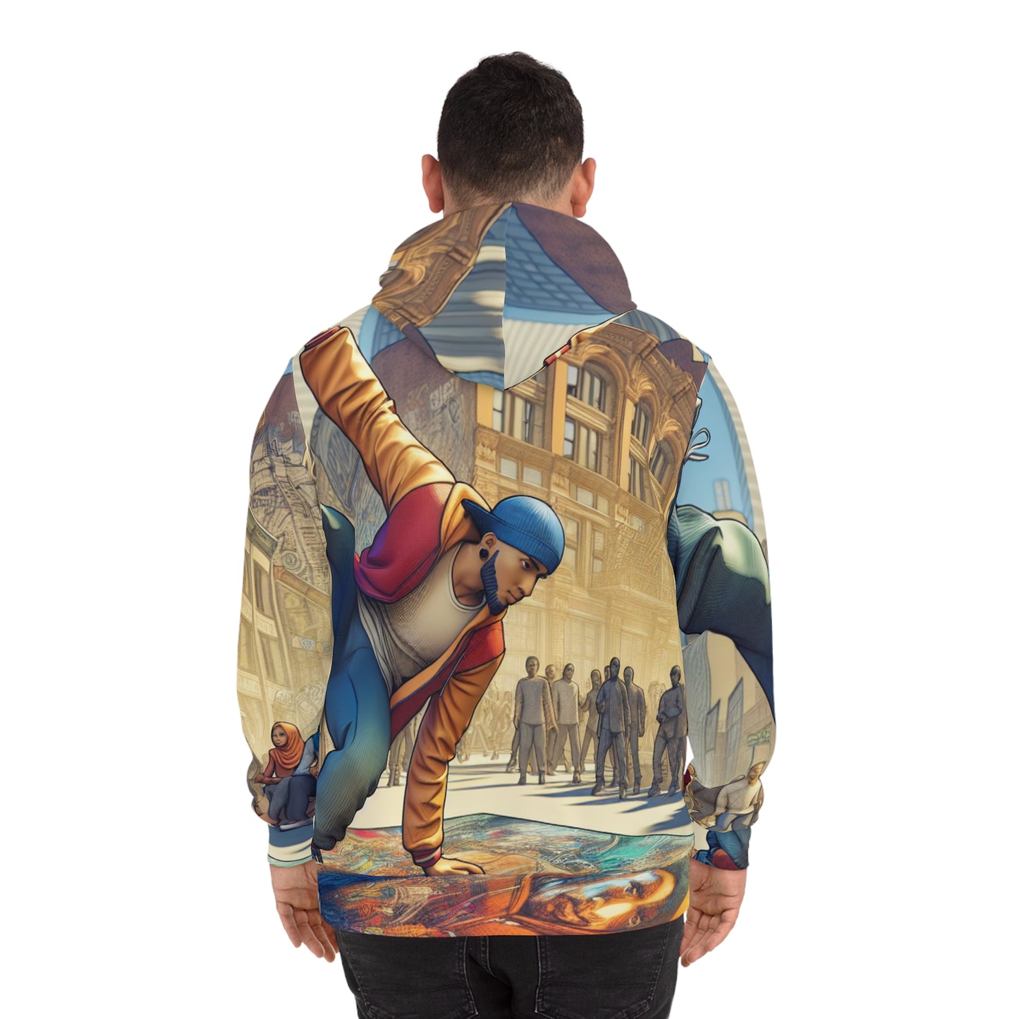 Back view of unisex Fashion Hoodie worn by model – Black Owned brand, soft and durable fabric with full coverage print.