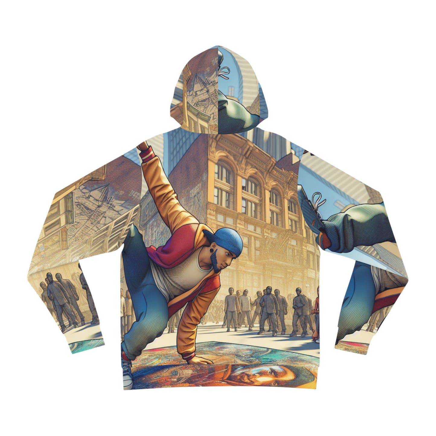 Folded back view of unisex Fashion Hoodie – Black Owned brand, soft durable fabric with colorful all-over print.