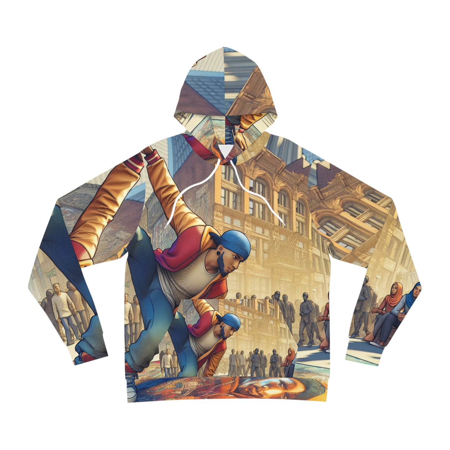 Folded front view of unisex Fashion Hoodie – Black Owned brand, 75% polyester, 20% cotton, 5% spandex, vibrant all-over print.