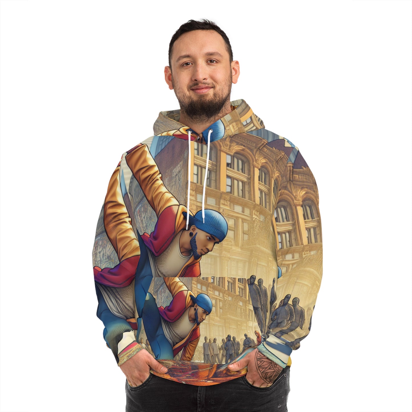 Front view of unisex Fashion Hoodie worn by model – Black Owned brand, 75% polyester, 20% cotton, 5% spandex, vibrant all-over print.