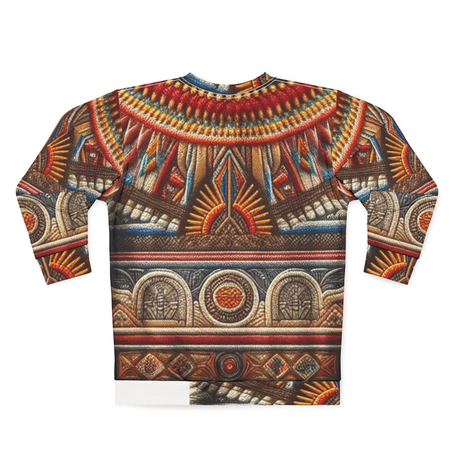 Folded back view of Black-Owned unisex sweatshirt with vibrant ancient African-inspired design.