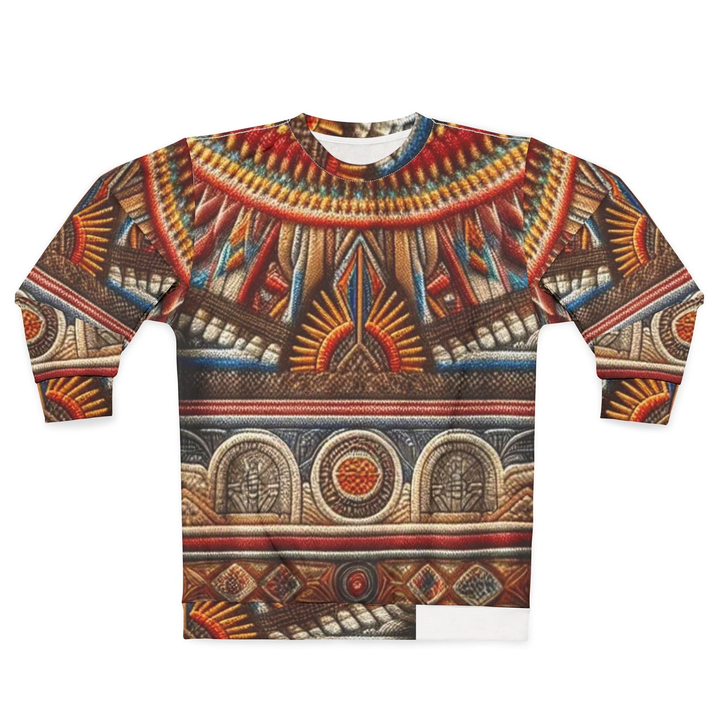 Folded front view of Black-Owned unisex sweatshirt featuring ancient African fashion print.