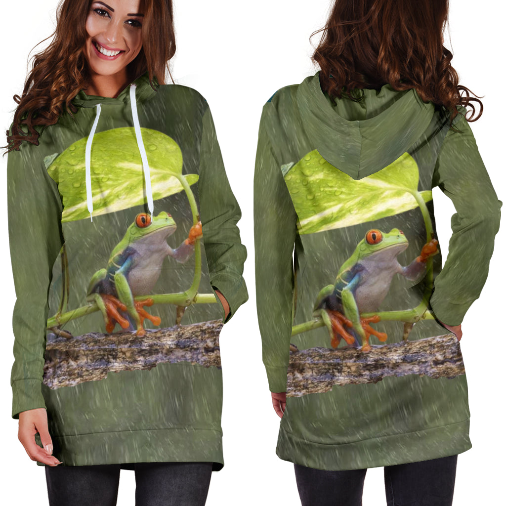 Front & back view of Frog in The Rain Luxury Woman Dress worn by female model with one hand in dress pocket – Black Owned fashion, custom-made premium polyester hoodie dress for women.